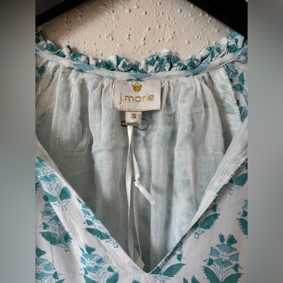 NWT J Marie Long Sleeve Tiered Mini Dress Small Block Print Floral White Blue - Picture 5 of 6